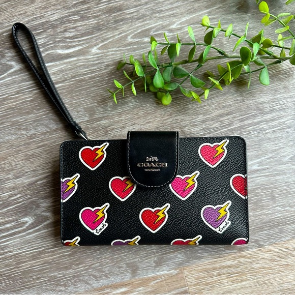 Coach Phone Wallet Wristlet - Hearts with lightning bolts - Picture 1 of 9